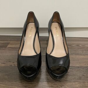 Prada black patented leather peep toe heels size 37.5